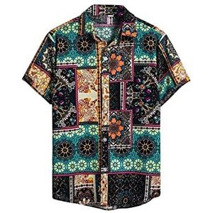 HJUGHPN Heren Shirts Katoen Linnen Strand Zomer Shirt Mannen Etnische Korte Mouw Shirt Streetwear Oversized, 1 kleur, S