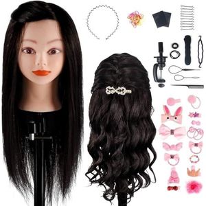 Styling hoofd, kappers training hoofd, TwoWin 18 inch 100% echt menselijk haar cosmetologie styling mannequin pop met klemstandaard en vlecht set, geschikt voor rechttrekken, krullen, permanenten