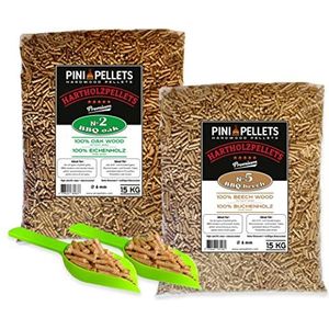 PINI Hardhout pellets eiken 15 kg + beuken 15 kg voor barbecue, rookoven, pizzaoven en verwarmingssystemen