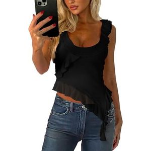 Dames Ruches Bretels, Asymmetrische Ronde Hals Mouwloze Crop Tops Sexy Cami-shirt(Color:Black,Size:S)
