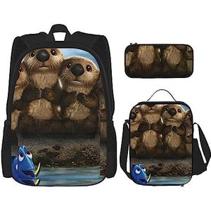 3 stuks schattige cartoon panda-rugzakset, verstelbare schoudertas set met lunchbox etui, Mooie Sea Otter Print, Eén maat, Rugzakken