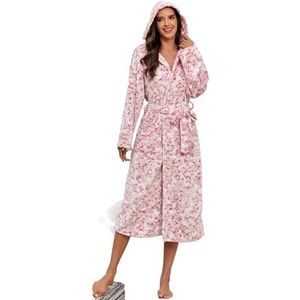 AYWTIUN Damesgewaden dames badjas met luipaardprint capuchon dames fleece pluche warme lange gewaden fleece nachtjapon nachtkleding (roze, M)