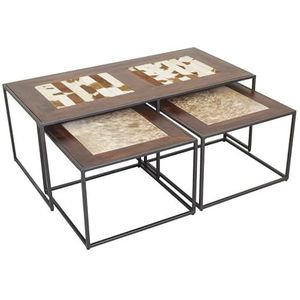 AUBRY GASPARD Set van 3 tafels van hout, metaal en koeienhuid