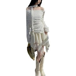 MLSHWUG Dames Off-Shoulder Schattig Ontwerp Knoppen Mesh Gebreide Top Kant Patchwork Rok Sets,Wit,L