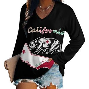 California Republic And Grizzly Casual T-shirts met lange mouwen voor dames, V-hals, bedrukte grafische blouses, T-tops, M