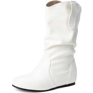 Dameslaarzen Met Halve Schacht Vintage Enkellaarsjes Met Sleehak Geplooide Enkellaarsjes Van PU-leer Klassieke Instappers Herfst Winter Korte Laarzen Feestenkelschoenen (Color : White, Size : 37 EU