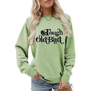MLZHAN Stoere Oude Vogel Brief Print Vrouwen Sweatshirt Mode Casual Shirt Lange Mouw Shirt Truien Harajuku Losse Tops, Olijfgroen, S