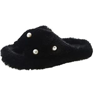 Vrouwen Open Toed Fuzzy Slippers,Leuke Huisschoenen Indoor Outdoor Warm Comfortabel Ademend voor herfst en winter, Zwart, 40