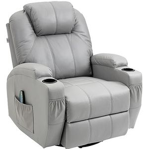 HOMCOM Massagestoel Relaxstoel met schommelfunctie, ruststoel met afstandsbediening, draaibare tv-stoel met ligfunctie, massagefunctie, kunstleer, grijs.
