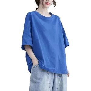 Dames zomer vintage losse all-match korte mouw O-hals effen blouses tops dames mode eenvoudige T-shirts, Blauw, L