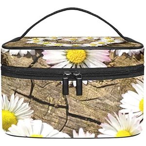 Reizen Make-up Cosmetische Case Opbergtas Daisy Liefde Hart Hout Cosmetische Tas Draagbare Voor Meisjes Vrouwen, Meerkleurig, 22.5x15x13.8cm/8.9x5.9x5.4in