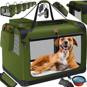 Lovpet® Transportbox voor honden en katten, transporttas, L 102 x 69 x 69 cm, hondendraagtas, opvouwbaar, huisdiertransportbox, inclusief hondenbak en schouderriem, kaki