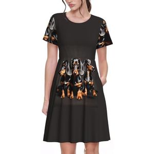 JJPUNGK Drie Teckels Print Dagelijks Dragen Vrouwen Jurken Casual Zomer Jurk met Korte Mouwen Ronde hals Zakken, Zwart, S