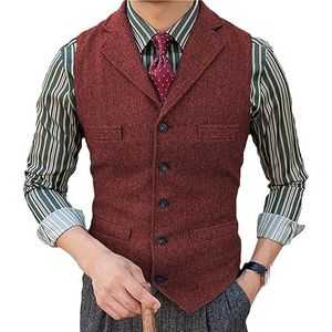 Dvbfufv Heren Kostuum Vest Revers Wol Chevrons Eenvoudige Knoopsluiting Casual Formel Zakelijk Groomman voor Bruiloft Bal Vest Bordeaux XL