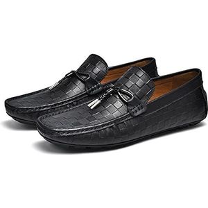 Heren Loafers Schoenen Mocassins Plaid Eenvoudig Leer Platte Hak Antislip Comfortabel Mode Slip On(Black,44.5 EU)