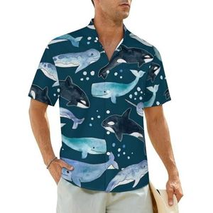Whales Orkas Narwals On Navy herenoverhemden korte mouwen strandshirt Hawaiiaans shirt, casual zomer T-shirt, L
