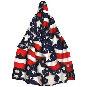 Bxzpzplj Amerikaanse vlag sterren strepen capuchon mantel voor mannen en vrouwen, volledige lengte Halloween maskerade cape kostuum, 185 cm