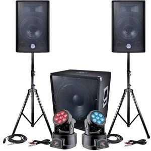 Sono Set 2400 W – 2 luidsprekers 30 cm + Sub 46 cm + kabel + 2 LED-koplampen DMX RGB + wit 4 W