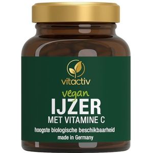 Vitactiv IJzer & vitamine C, het eerste puur plantaardige ijzersupplement met veel vitamine C, hoge dosering, ijzerbisglycinaat, vitamine C uit rozenbottel, 180 veganistische capsules