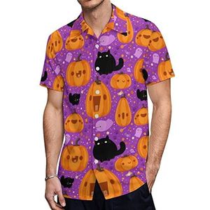 Halloween Pompoen Zwarte Kat Heren Hawaiiaanse Shirts Korte Mouw Casual Shirt Button Down Vakantie Strand Shirts S