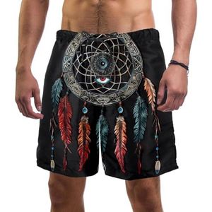 Bordshorts voor heren, Native American Magic Eye and Feathers sneldrogende badmode, strandvakantie, feest, bermuda, zwemmen, grote broek, Inheemse Amerikaanse Magische Oog en Veren, L