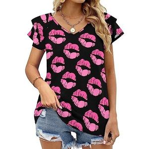 Lip Kiss Casual tuniek tops ruches korte mouwen T-shirts V-hals blouse T-shirt