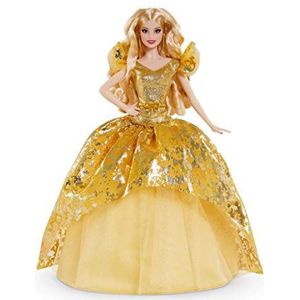 Barbie Signature 2020 Kerst Barbie Pop (ruim 30 cm lang blond haar) in goudkleurige avondjurk, met poppenstandaard en certificaat van echtheid, cadeau voor kinderen vanaf 6 jaar, GHT54