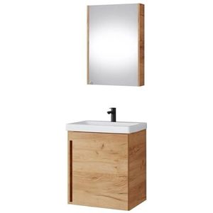 Planetmöbel Wastafel + spiegelkast, badkamermeubelset, 50 cm voor badkamer, toilet (goud eiken)