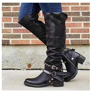 GJHYJK Vrouwen Dikke Bodem Lederen Hoge Laarzen Dames Zijrits Ronde Teen Anti Slip Rider Laarzen Riem Gesp Platte Hak Slanke Biker Laarzen Winter, Zwart-41