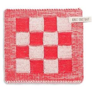 Knit Factory - Gebreide Pannenlap Block - Pannenlappen gemaakt van 50% katoen & 50% acryl - Blokken motief - Traditionele look - 1 stuk - Ecru/Rood - 23x23 cm