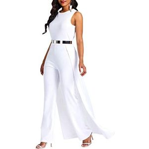 VERWIN Effen jumpsuit met lapjespatroon en versieringen voor dames, met hoge taille, vrouwelijke romper, Wit, XL