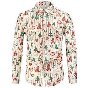 KOUYA Kerstshirt heren 3D-print hemd Kerstmis kerstshirts button-down-kraag lange mouwen slim fit grappig Xmas Hawaii kostuum hemd funky overhemden party vrijetijdskleding M-4XL, 3, beige, 4XL