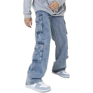 Heren Hiphopjeans Rechte Jeans Jongens Skateboardbroek Retro-stijl Losse Jeans Rechte Broek (Color : Blue, Size : S)
