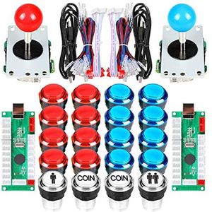 EG STARTS Arcade Kit Deel 2 x 8-weg joystick + 16 x LED verlichte toetsen + 2 spelers + munttoetsen voor Raspberry Pi 3B project model DIY rood en blauw