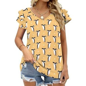 Pinguïn En Polka Dots Grafische Blouse Top Voor Vrouwen V-hals Tuniek Top Korte Mouw Volant T-shirt Grappig