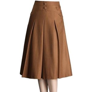 Vrouwen Zwart Bruin Knoop Hoge Taille Geplooide Rok Mid-Lange Zakken Rok, Bruine Rok, XXL