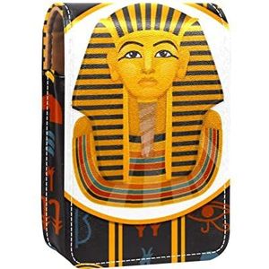 Draagbare Lipstick Case voor op reis,Mini Lipstick Opbergdoos met spiegel voor vrouwen dames, Lederen cosmetische etui Oude Egyptische koning hiërogliefen achtergrond, Meerkleurig, 9.5x2x7 cm/3.7x0.8x2.7 in