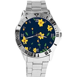 Gele Bloemen Mode Vrouwen Horloges Sport Horloge Voor Mannen Casual Rvs Band Analoge Quartz Horloge, Zilver, armband