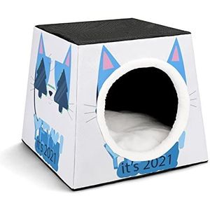 Decoratief Kattenhuis Kattenbed Kubusvorm Kattenholte Hondenhuis met Uitneembaar Kussen Blauwe kat tekenfilm