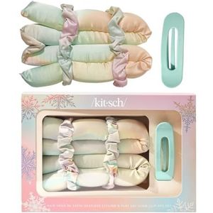 Kitsch Holiday Hair Hero XL Satin Heatless Styling & Flat Lay Claw - Hitteloze krullen & golven, extra grote krulstangen, satijnen scrunchies & klauwclip voor haarbescherming en comfort - 4-delige set
