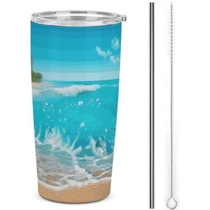 20oz roestvrij staal dubbelwandige vacuüm geïsoleerde autobeker tropisch blauw zee strand geïsoleerde beker met handvat vacuüm waterfles lekvrije reismok voor buiten woon-werkverkeer