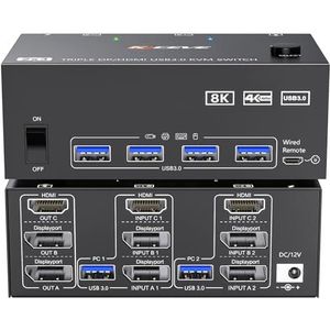 KVM Switch 3 Monitoren 2 Computers 8K@60Hz 4K@144Hz, MLEEDA HDMI + 2 DisplayPort Triple Monitor KVM Switch 2 PC Delen 3 Monitor en 4 USB 3.0 Porten, Met 12V Voeding, Kabelcontroller，5*Geschikte Kabel