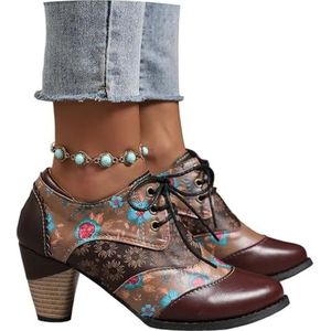 Dames Veterlaarzen Met Blokhak 2025 Vintage Enkellaarsjes Met Bloemenprint PU Leren Ankle Boots Retro Middeleeuwse Pumps Casual Enkelschoenen, 36-43EU(Brown,43 EU)
