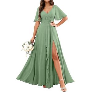 KURFACE Chiffon bruidsmeisjesjurken met mouwen split ruches lange bruidsmeisje formele avondjurk, Sage Groen, 32
