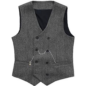 Heren Visgraat Vest met dubbele rij knopen Wollen Business Tweed gilet kleedt slank af(Medium, Grijs)