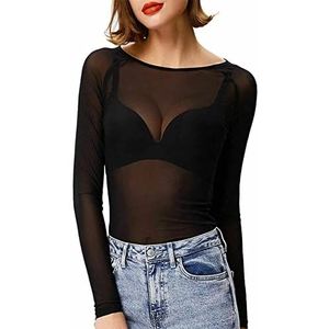 Dames Sheer Mesh Top Dames Lange Mouw Doorzichtige Stretchy T-Shirt Tops, Zwart, 46/48 NL