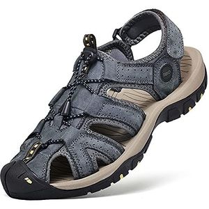 Modieuze sandalen voor heren, gesloten teen, klassiek, echt leer, wandelsandalen, hol, backpacken, strandschoenen, Grijs, 46 EU