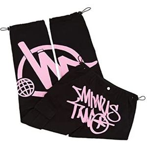 Heren Minus-Two-Cargo Broek Y2k Casual Baggy Streetwear Sport Gym Jeans Kleding met wijde pijpen Pantalones Joggingbroek Minustwo Pant(Color:Black - Pink,Size:S)