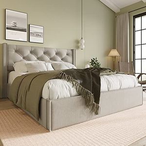 Hydraulisch tweepersoonsbed, gestoffeerd bed, 160 x 200 cm, bed met lattenbodem van metalen frame, modern bedframe met opbergruimte, katoen, lichtgrijs