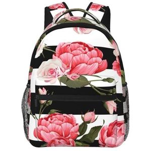 OdDdot Zwart Wit Gestreepte Bloemen Print Canvas Rugzak Lichtgewicht Reizen Dagrugzak Laptop Rugzak Voor Mannen Vrouwen, Zwart, Eén maat